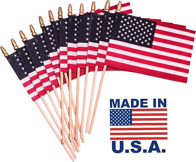 American Flags on Stick - Handheld Spearhead US Flag for 4th of July, Memorial Day Event Decorations - Patriotic Decor for Indoors & Yard - Wooden Stick, Cotton Fabric (4"X6" - 25 Pack)
