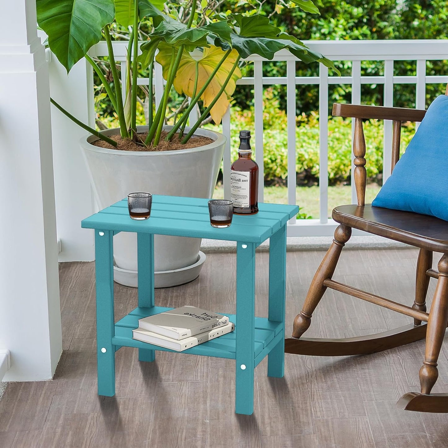 Outdoor Side Table, Weather Resistant HDPE Outdoor Table, 2-Tier Small Patio Tables for Outside or Indoor (Aruba Blue)