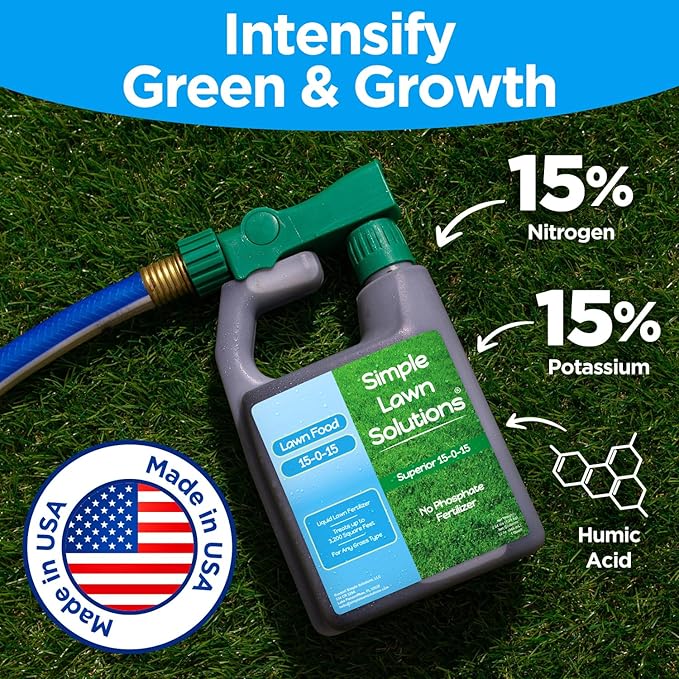 Superior 15-0-15 Liquid Lawn Fertilizer - Lawn Food for Growth & Green - Nitrogen, Potassium, Humic, Fish & Seaweed - Any Grass Type- Simple Lawn Solutions - All Season- Attached Sprayer (32 Ounce)