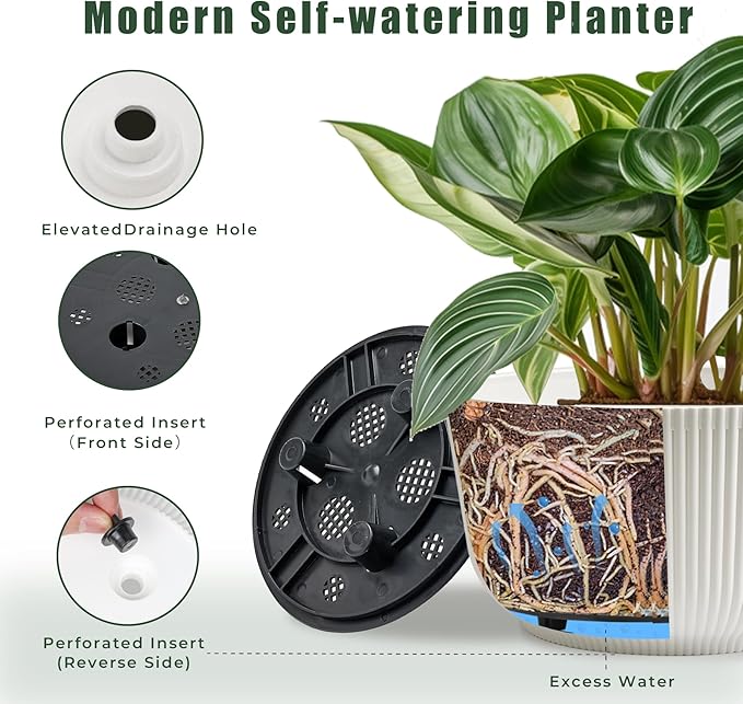 T4U 12 Inch Large Self Watering Plant Pots, Wide Self Watering Planter with Drainage Hole, Large Plant Pots Flower Pot for Plants, Set of 2, White