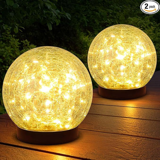 2-Pack Garden Solar Lights Outdoor, Cracked Glass Ball Light Waterproof, Decorative Solar Globe Lights Warm White for Yard Pathway Patio Lawn