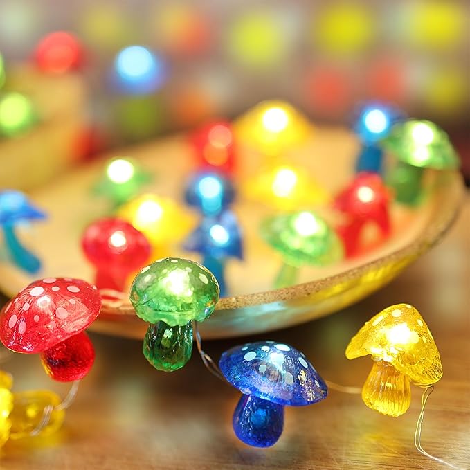 Fairy String Lights 3D Mushroom Lamp-Outdoor Waterproof Battery Operated String Lights 7ft 20 LED-Mushroom Fairy Night Lights for Garden Wreath Balcony Living Room Decor