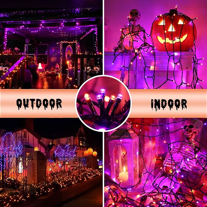 Orange and Purple Halloween Lights, 82ft 200 LED Halloween String Lights with 8 Modes, Waterproof Plug in Orange Purple String Lights for Halloween Party, Garden, Indoor Outdoor Halloween Decorations