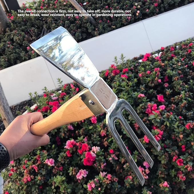 Fdit Stainless Steel Garden Hoe Rake Hand Tool, Simple Practical Fine Workmanship Beech Handle Small Hoe Gardening Tool for Weeding, Digging, Seeding