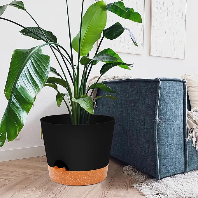 GARDIFE 12 inch Plant Pots, planters, Self Watering Pots, Large Plastic Flower pots with Deep Reservior and High Drainage Holes for Indoor Outdoor Plants and Flowers, Black