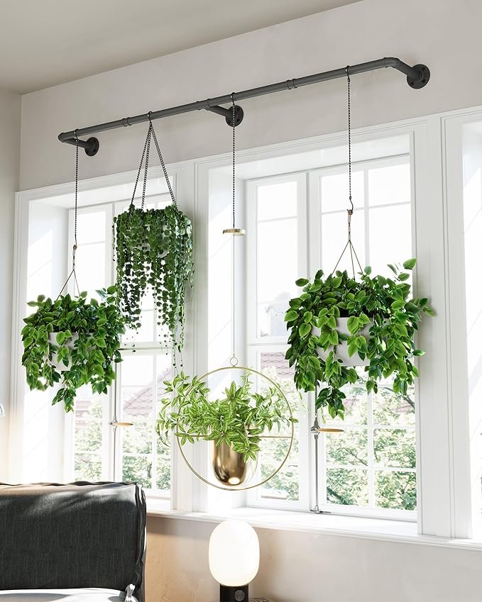 Plant Hanger Indoor, Hanging Planters Rod for Indoor Plants with 6 Hanging Chains, Wall Plant Hanging Rod for Window Ceiling, 65.7 Inch, Metal/Black, Pots Not Included…