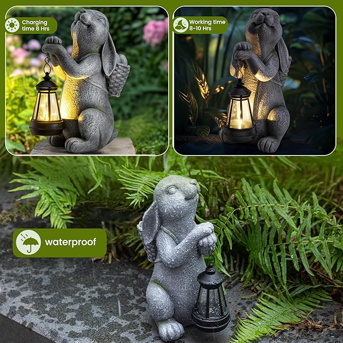 Solar Garden Outdoor Statues Rabbit with Solar Lantern,Outdoor Bunny Figurines Decorations,Lawn Decor Bunny Statue for Patio, Balcony, Yard Ornament,Unique Housewarming and Easter Gifts