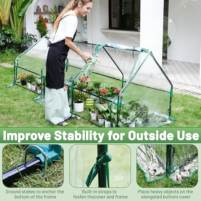Greengro Mini Greenhouse, 95" x 36" x 36" Portable Greenhouses for Outdoors with Roll-up Zipper Door, Ground Stakes & 20 T-Shaped Plant Tags, Waterproof UV-Resistant Green House for Indoor Outside