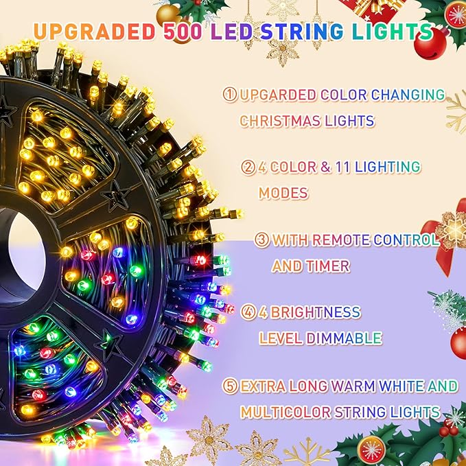 JMEXSUSS 500 LED Color Changing Christmas Lights, 173ft Warm White & Multicolor String Lights with Remote Outdoor Waterproof Christmas Tree Lights Plug in for Party Christmas Indoor Decor