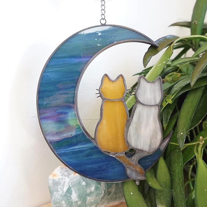 Cat Stained Glass Suncatcher – Cat on Moon Real Glass Window Hanging – Unique Modern Design Wall Art for Home or Garden Décor – Perfect Cat Lover Gift