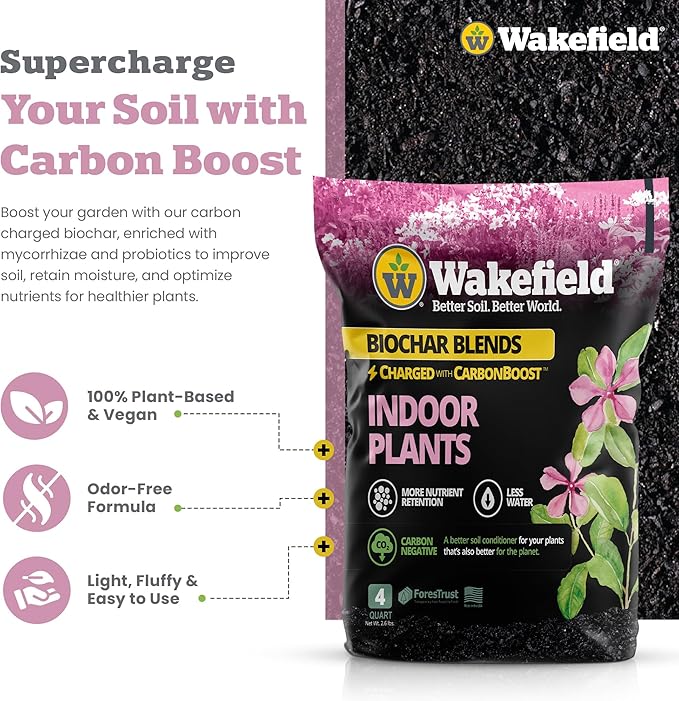 Wakefield Premium Biochar Indoor Plant Potting Mix with CarbonBoost – Professional Grade Soil for Houseplants & Indoor Plants – Organic Compost Potting Soil with Pine Bark and Worm Casting – 4 Quart