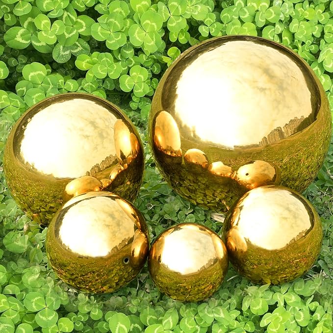 Nerien Gazing Ball, Stainless Steel Garden Mirror Globe, Polished Ornament Sphere, Hollow Floating Reflective Hemisphere, for Home Outdoor Pond Housewarming Swimming Pool Decoration, Gold, 5Pcs Mix