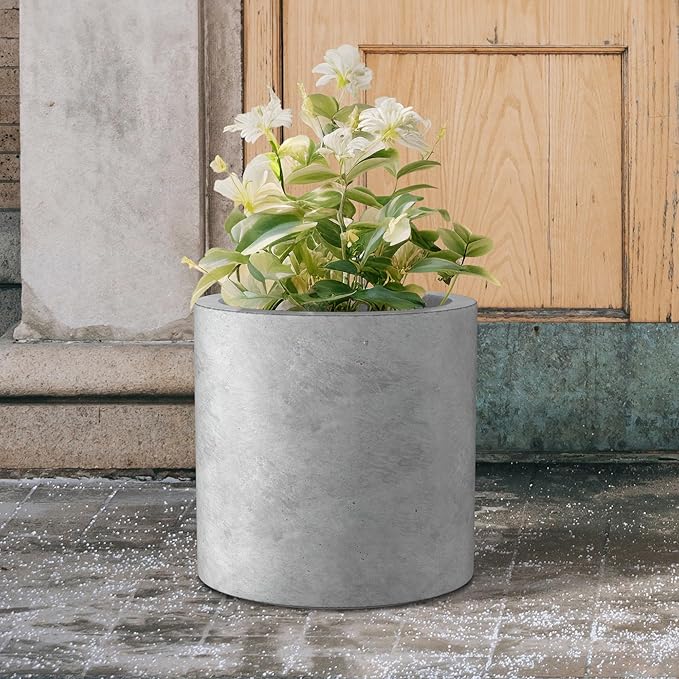 Kante 15.7" Dia Round Concrete Planter, Modern Style Large Cylindrical Plant Pot with Drainage Hole and Rubber Plug for Indoor Outdoor Patio, Natural Concrete