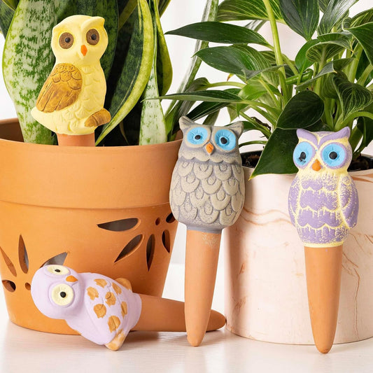 4 Pack Handmade Terracotta Owl Watering Spikes and Globes, Self-Watering Plant Devices with Slow Release System for Continuous Moisture, Perfect Water Bulbs for Indoor and Outdoor Plants Vacation Use