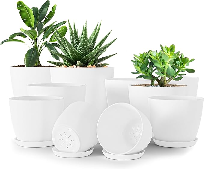 Utopia Home - Plant Pots Indoor with Drainage - 7/6.6/6/5.3/4.8 Inches Home Decor Flower Pots for Indoor Planter - Pack of 10 Plastic Planters for Indoor Plants, Cactus, Succulents Pot - White