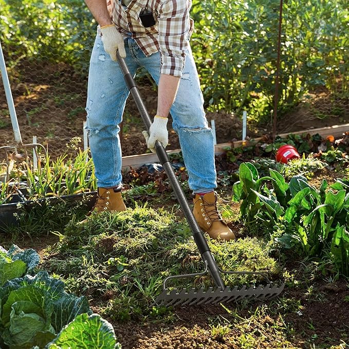 Garden Rake, 6FT Bow Rake Heavy Duty Leveling Rake with Adjustable Handle, 17 Tines Wide Head Metal Thatch Rake for Gardening Leaves Lawn Yard Mulch Rake