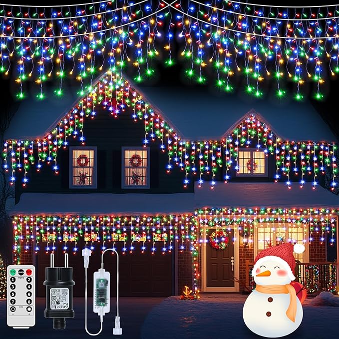 XZAI 800LED 50FT, Icicle String Lights, Plug-in, Multi-Color & Warm White, Christmas Party Decors, Connectable, Memory, Remote, 8 Modes, Timer, Dimmable, IP65 Waterproof, Hanging for Outdoor & Indoor