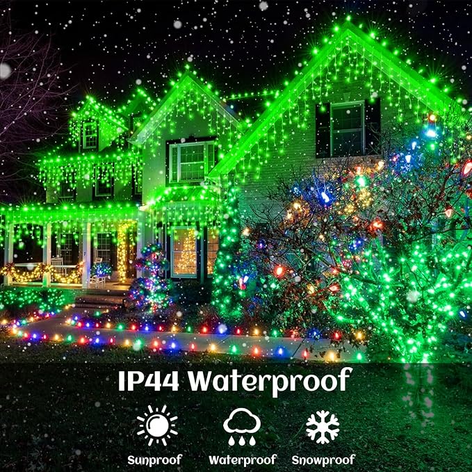 33ft Icicle Lights for Outside, Green Christmas Lights Outdoor Waterproof, 400 LED Twinkle Tree With 75 Drops Clear Wire Short Curtain for House, Room, Home Wall Indoor Decorations