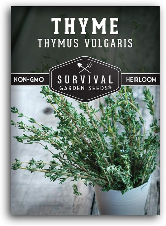 Survival Garden Seeds - Thyme Seed for Planting - Packet with Instructions to Plant and Grow Thymus Vulgaris Herb Plants in Your Home Vegetable Garden - Non-GMO Heirloom Variety - Edible Thyme Seeds