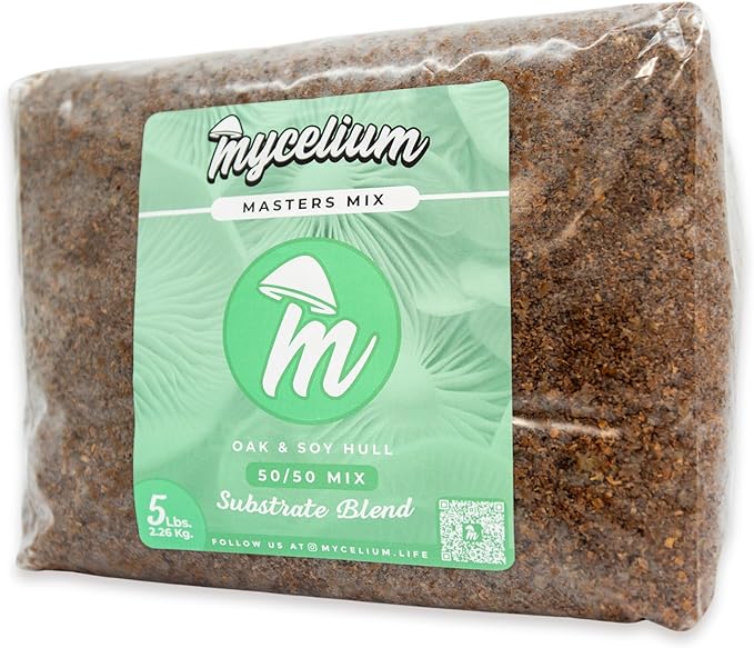 Mycelium Masters Mix Substrate – Oak & Soy Hull 50/50 Blend - Ideal for Gourmet & Functional Wood-Loving Mushrooms - Sterilized 5LB Bag for High Yield Cultivation