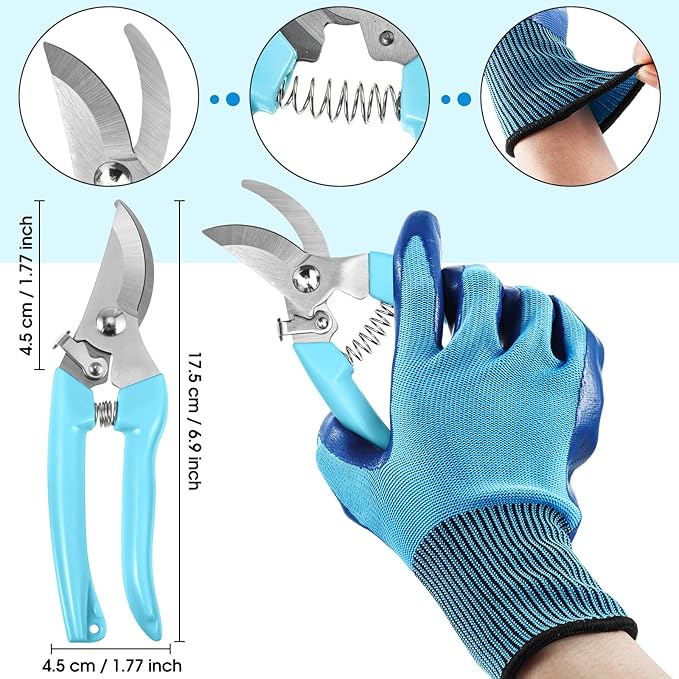 WILLBOND 11 Pcs Rose Thorn Remover Valentine Leaf Stripping Tool Garden Pruning Shear Scissors Kit Thorn Remover for Roses Floral Gloves and Floral Tape for Outdoor Gardening Flower(Blue)