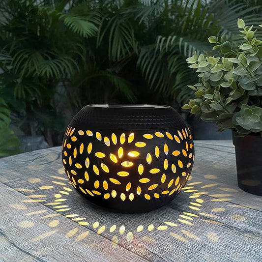 Solar Table Light Outdoor Waterproof- Solar Powered LED Lamp Hollowed-Out Black Metal Desktop Decorative Lantern for Indoor Desk Bedroom Patio Garden Pathway Yard