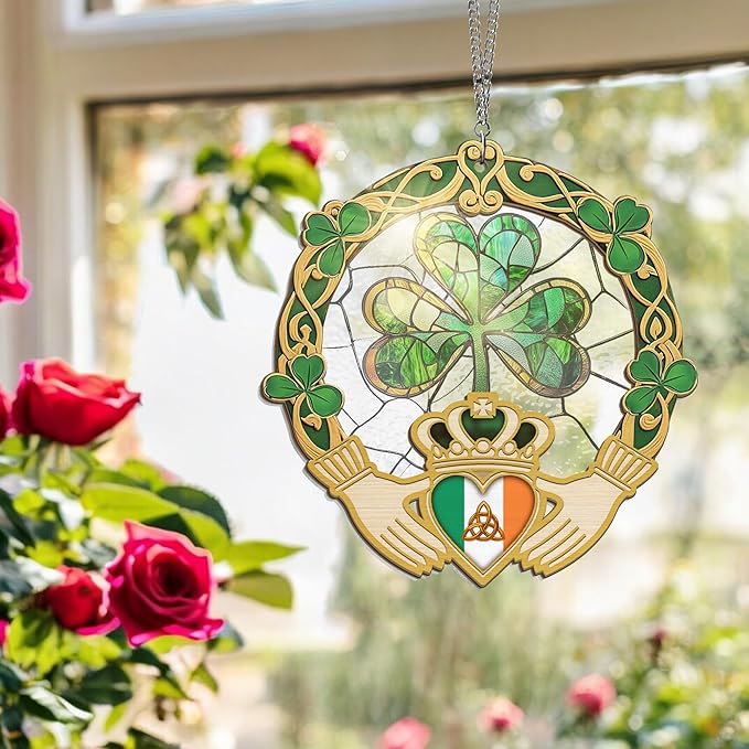 Irish Gifts, Shamrock Decorations - St Patricks Day Decor, Birthday, Christmas, Good Luck, Irish Gifts for Women Men, Claddagh, Celtic Home Decor - Window Suncatcher Hanging Decorations 12 in