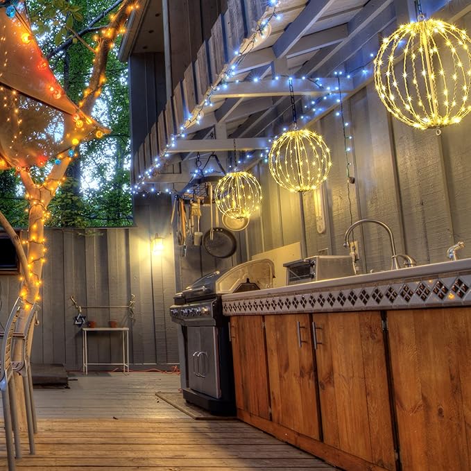 Christmas Ball Sphere, 12IN 96LED Hanging Tree and Pathway Lights With Hook and Stake, Foldable Metal Frame Ball for Outdoor Garden, UL Listed, Brown Frame, Warm White