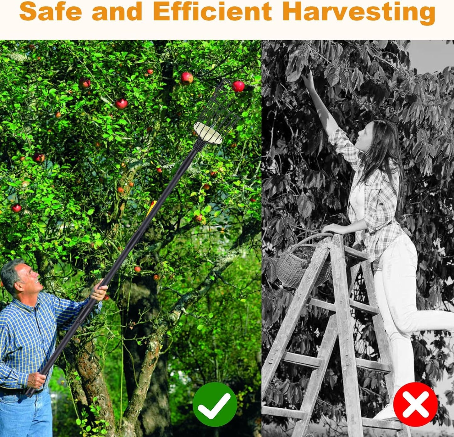 Fruit Picker Pole with Basket, 8.43FT (101 Inch) Adjustable Fruits Picker Tool with Stainless Steel Handle Fruit Grabber Reach Tool for Apple Mango Pear Avocados Fruit Picking, Black