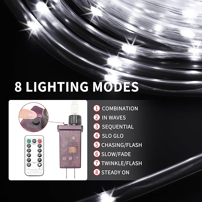 LED Rope Lights for Outside 150Ft Waterproof Rope Lighting 643 LEDs 110V 8 Modes Remote Control Timer Christmas Rope Lights for Indoor Outdoor Party Holiday Garden Decoration (White)