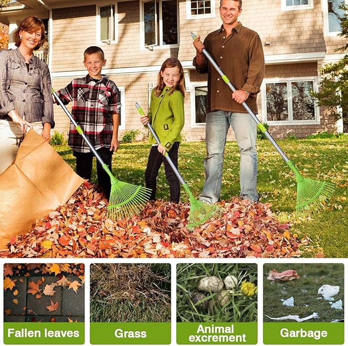 Leaf Rake Set, Garden Rakes for Leaves, 65inch Adjustable Long with 16" Wide Metal Tines, Lawn Rake with Two Lightweight Leaf Scoop-Gardening Grabbers for Leaf Lawn Grass Removal