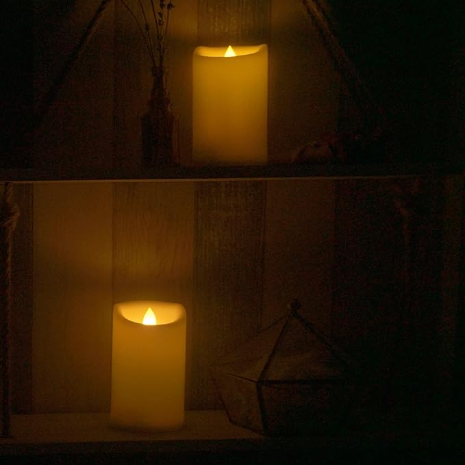 Waterproof Outdoor Battery Operated Flameless Pillar Candles with Timer White Plastic Realistic Flickering Fake Electric LED Lights for Lantern Garden Wedding Christmas Decorations 3”x5” 2 PCS