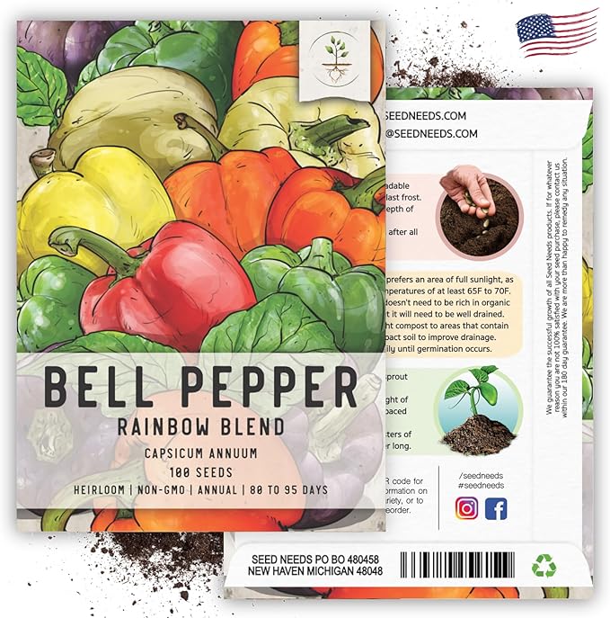 Seed Needs Rainbow Bell Pepper Seeds for Planting - Non-GMO, Heirloom & Untreated - Organically Grow a Home Grown Garden Outdoors for Healthy Vegetables (5 Packs)