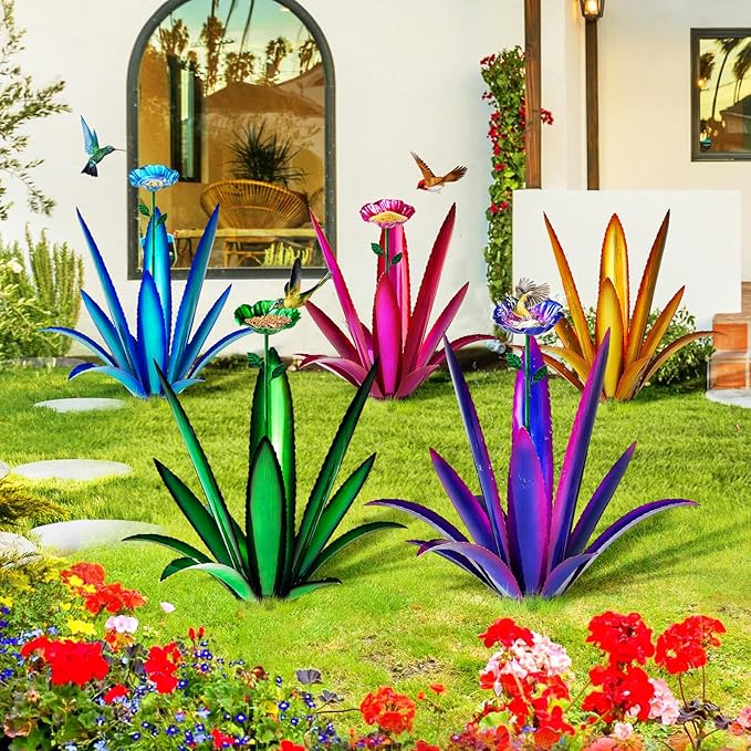 [2024 Upgraded] Large Metal Agave Yard Art, Tequila Rustic Sculpture, Hand Painted Metal Agave Plants with Bird Feeder, Garden Sculpture Statue Outdoor Decor (Green)