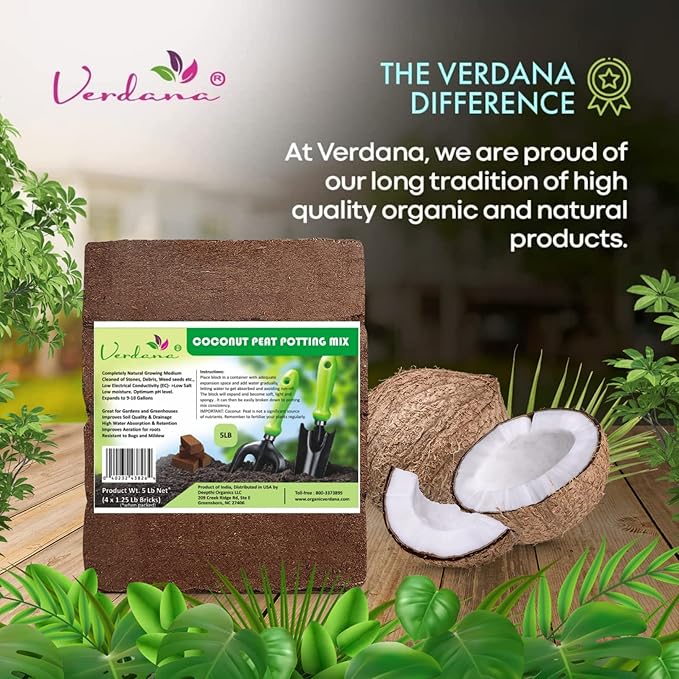 Verdana Coco Coir Brick Potting Mix – 5 Lb Pack - 4X 1.25 Lb Compressed Bricks - Coconut Fiber, Coco Peat - Alternative to Peat Moss – Soilless Growing Medium - Low EC, Optimum pH, High Expansion