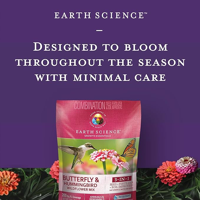 Earth Science 6 lb Wildflower Butterfly & Hummingbird Mix, 3-in-1 Premium Wildflower Seed, Plant Food and Soil Conditioners, Non-GMO for Bees, Hummingbirds, Butterflies, Pollinators