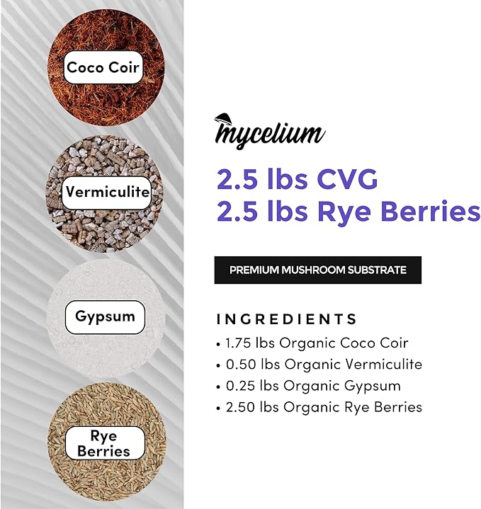 Mycelium's Superior Dung-Loving Mushroom Substrate Rye Berries Grain 5 LB All-in-One Bag – Organic Coco Coir, Vermiculite & Gypsum Formula, Pre-Sterilized & Ready for Easy Home Cultivation