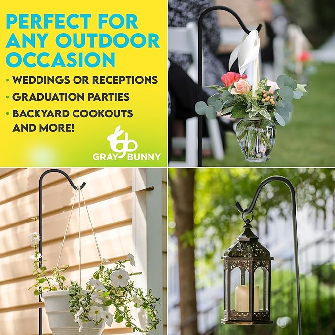 Gray Bunny Shepherds Hooks for Outdoor 35” 10 Pack, Thick Heavy Duty Bird Feeder Pole for Outside Yard, Hanging Plant Stand, Non-Hollow, Non-Adjustable, Extra Long Base Prongs for Backyard Wedding