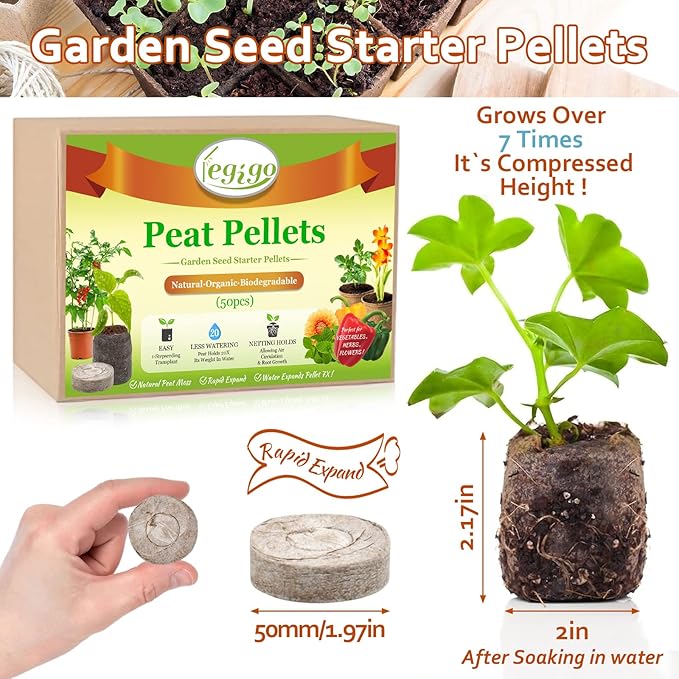 Legigo 50 Pcs 50mm Seed Starter Peat Pellets Pods for Seedlings- Compressed Seed Starting Pellets Seed Starter Pods Plugs Soil Peat Pods for Starting Seeds, Garden Planting Herb Flower Vegetables