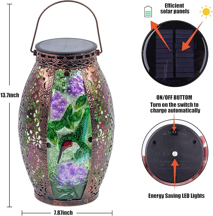 Outdoor Solar Lantern-Waterproof Hummingbird Hanging Metal Decorative Lights for Patio Table Garden Pathway Yard with Super Bright Warm White LED, Large Solar Panels, Auto On/Off
