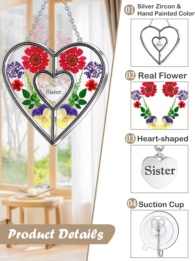 KY&BOSAM Heart Suncatcher Sister Stained Glass Panels Hangings for Windows Sun Catchers with Pressed Real Flower Heart in Glass Birthday Gifts for Women Mothers Day Home Garden Christmas Ornament