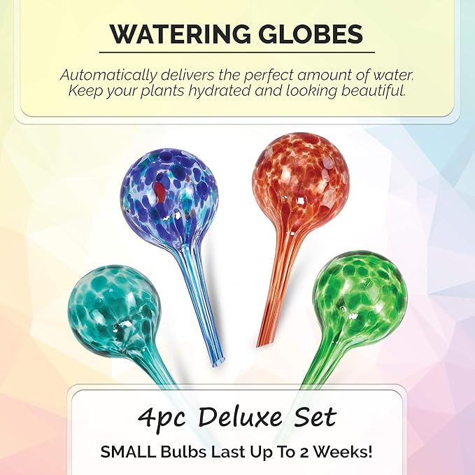 Blazin Indoor Plant Watering Globes | Automatic Self Water Bulbs | Aqua Water Globe | Decorative Hand-Blown Glass | 4pc Deluxe Set (4, Small)