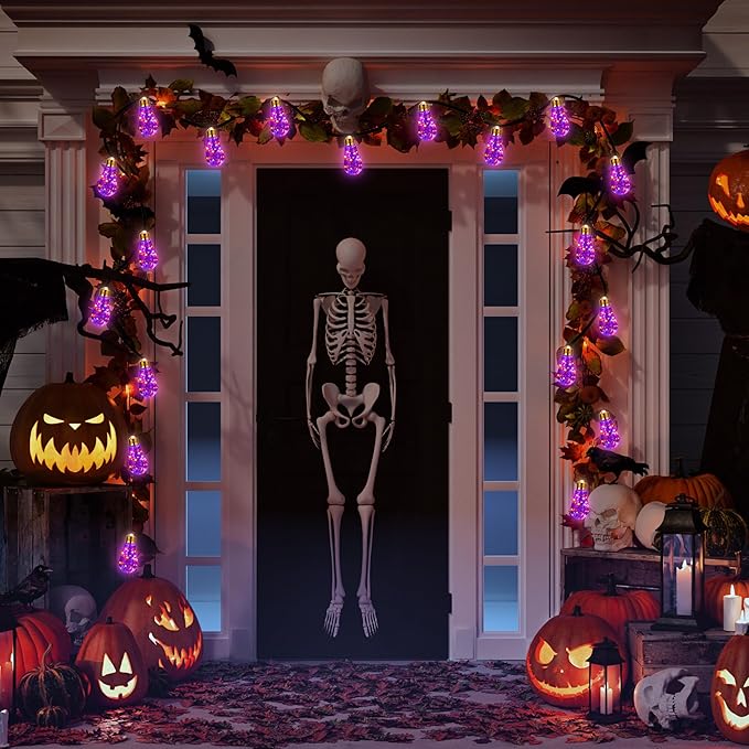 Orange & Purple Solar Halloween Lights Outdoor, 20Ft Black Hemp Rope Halloween String Lights, Waterproof Orange Purple Lights with 8 Modes 16 Shatterproof Bulbs for Patio, Yard, Party, Halloween Decor