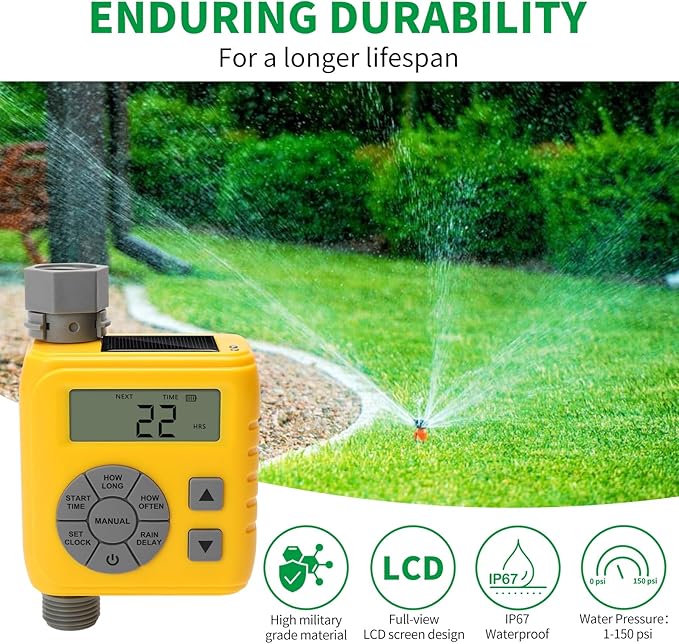 Sprinkler Timer, Zuomeng Water Timer for Garden Hose with Dual Power Design, Professional Anti-Leak Technology, Smart Irrigation with Rain Delay, Automatic/Manual Mode for Efficient Watering, Yellow