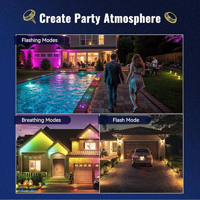 Solar Driveway Lights Outdoor 4 Pack, RGB Colors Solar Deck Dock Lights Outdoor Waterproof IP68, 3 Dynamic Light Modes, Driveway Marker for Warning Stair, Boat Dock, Step, Walkway, Patio Decor