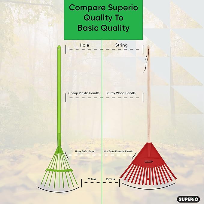 Superio Kids Rake with Hardwood Handle, Durable Plastic Head to Sweep Leaves in Lawn and Tidying Up The Garden, 34"