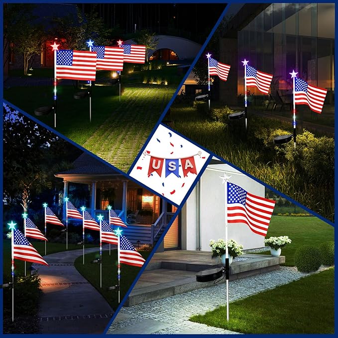 US Flag Solar Garden Lights, 7 Color Changing American Flag Light 4th of July Decorations Outdoor Solar Lights Patriotic Solar Lights for Independence Day Memory Day Garden Yard Pathway - 4 Pack