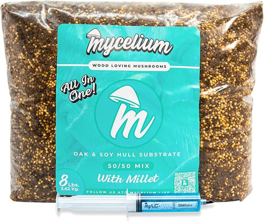 Mycelium’s Shiitake Gourmet Mushroom Kit | 8LBS Oak & Soy Hull with Millet Blend | 20ML Liquid Culture Syringe | All-in-One Complete Cultivation Kit | Pre-Sterilized - Home Growing Made Easy