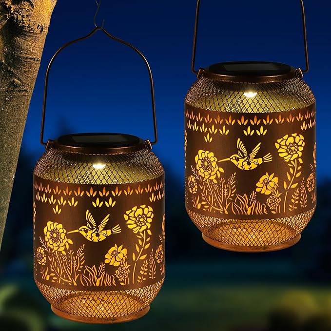 Solar Lanterns Outdoor Waterproof Christmas Birthdays Gifts for Women Mom Grandma Butterfly Garden Decor Metal Hanging Solar LED Lights for Patio(Butterfly Flock-2P)