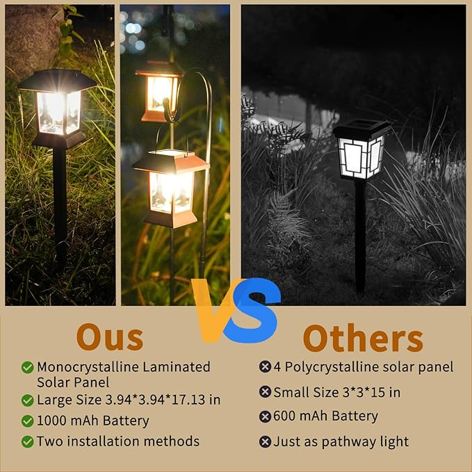 Solar Pathway Lights Outdoor Waterproof IP65, Brown Solar Lights Outdoor with Hook 6PK, Upgraded 1000mAH Battery, Up to 12Hrs, Auto On/Off, Garden Decor for Yard, Driveway, Walkway (Bulb)